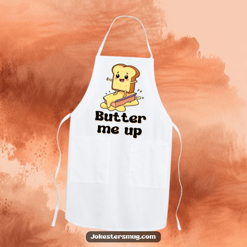 Funny toast surfing on butter apron, humorous breakfast character, fun kitchen wear, an ideal funny gift.