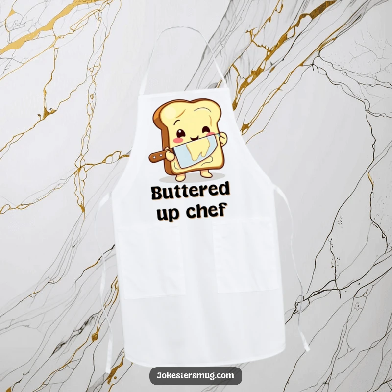 Funny apron with a happy toast character unevenly buttering itself with a giant knife, adding comic relief to cooking.