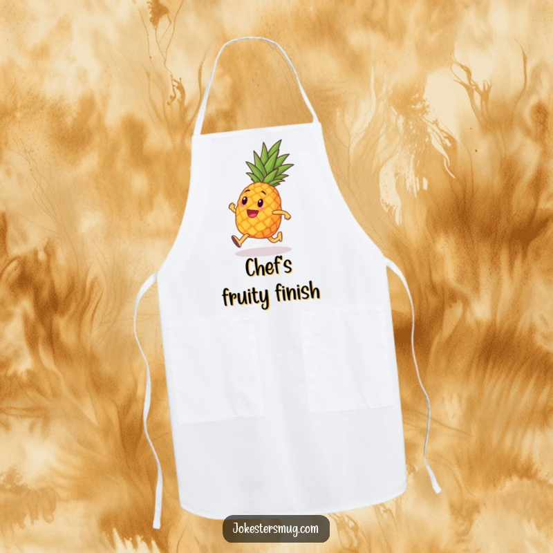Funny kitchen apron featuring a pineapple with tiny legs humorously running a marathon, perfect for chefs who love fitness and fun.