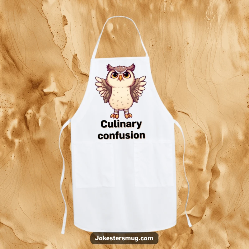 Funny owl looking confused while wearing socks on its wings, printed on a kitchen apron for a humorous cooking experience.