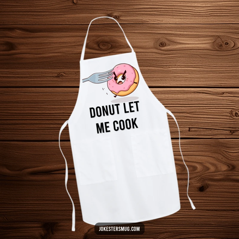 Funny apron graphic of a terrified donut running at top speed from a giant, menacing fork, a humorous kitchen essential.