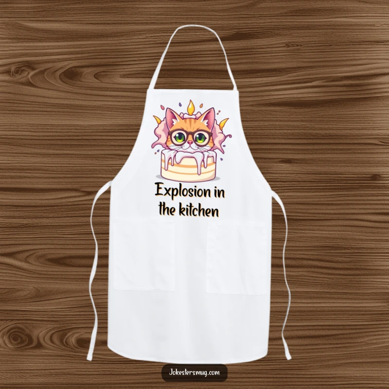 Funny bewildered cat wearing oversized spectacles peeking from behind a giant, exploding cake, a humorous kitchen accessory on this funny apron.