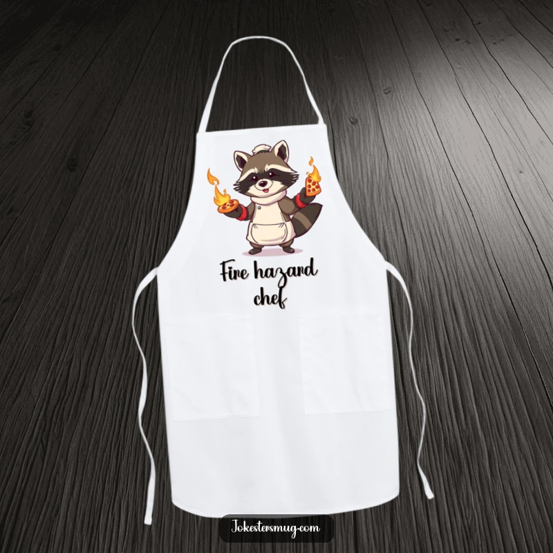 Funny Raccoon Pizza Apron: Raccoon character wearing oven mitts, attempting to juggle flaming pizzas, for bold chefs.