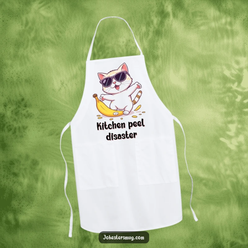 Funny cat sunglasses apron showing a cat in oversized shades tripping on a banana peel, body parts comically scattered, for kitchen fun.