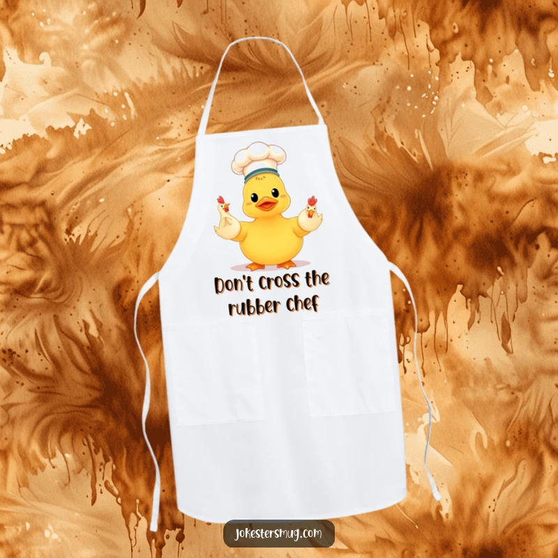 Funny chef rubber ducky wearing a hat, clumsily juggling three rubber chickens, a humorous and practical kitchen apron.
