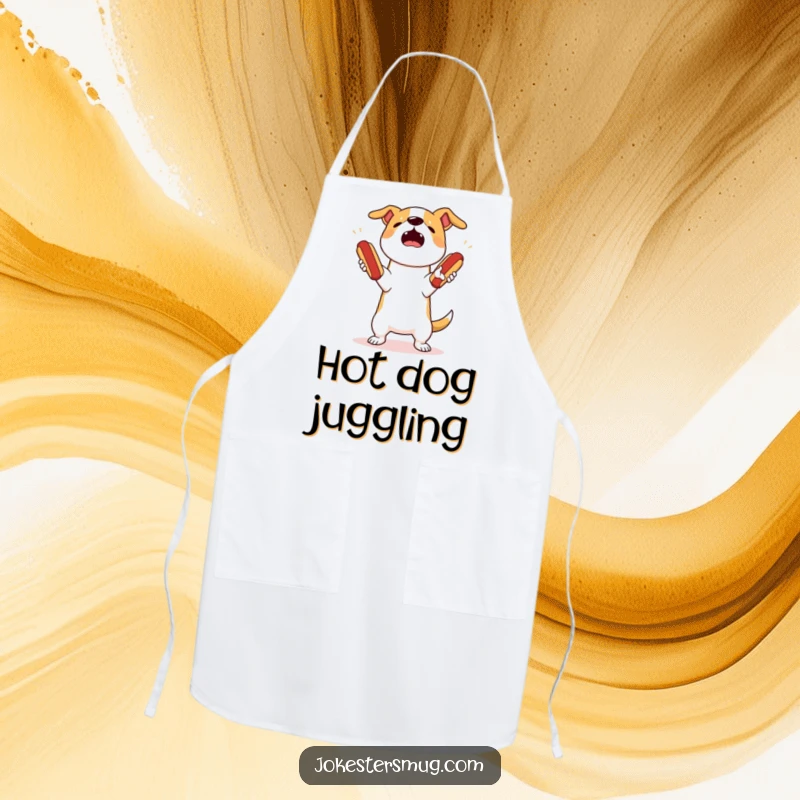 Funny dog juggling apron showing a startled dog attempting to juggle three bouncing hot dogs, dropping them all, for kitchen fun.