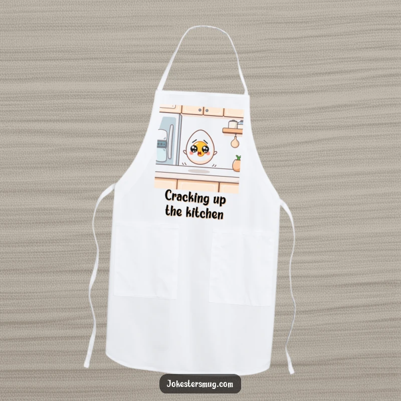 Funny Egg Apron: A startled egg with wide eyes rolls off a kitchen counter. Hilarious funny gift for cooking enthusiasts.