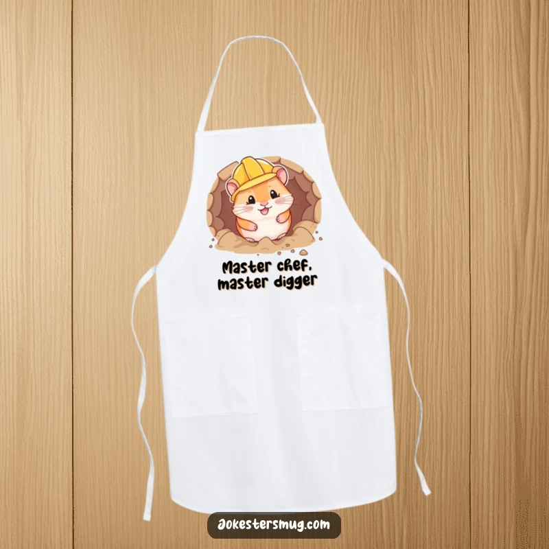 Funny hamster wearing a hard hat enthusiastically digs a tunnel on an apron, adding construction humor to cooking.