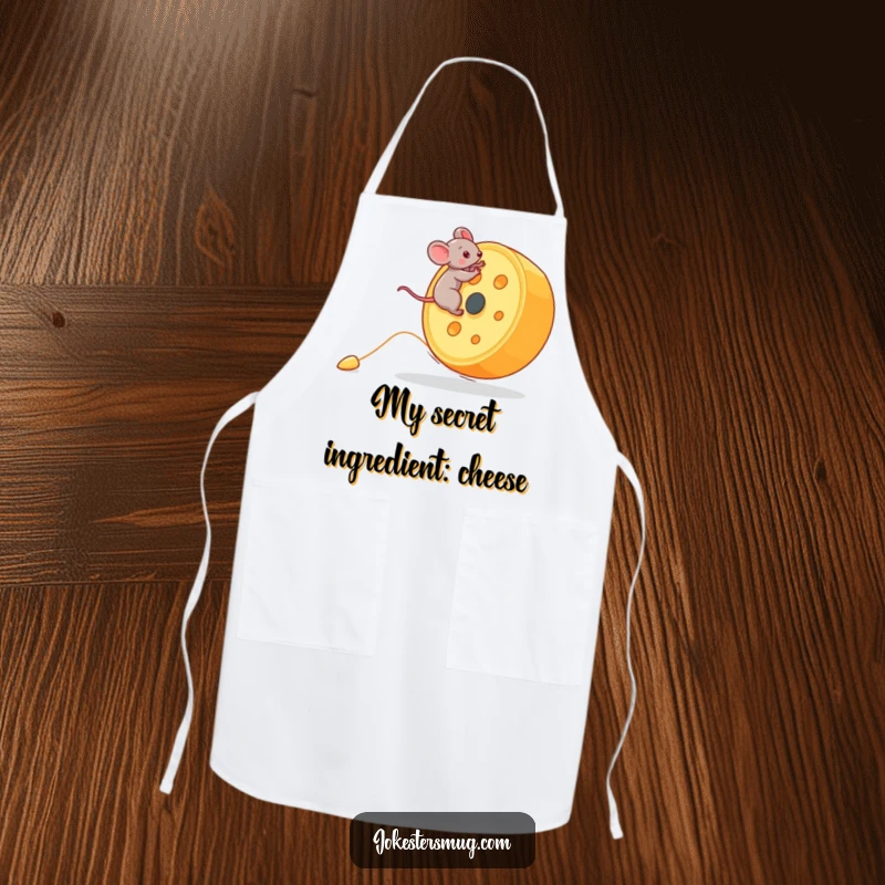 Funny Mouse Apron: A tiny mouse rides a giant rolling cheese wheel downhill. Hilarious funny gift for cooking enthusiasts.