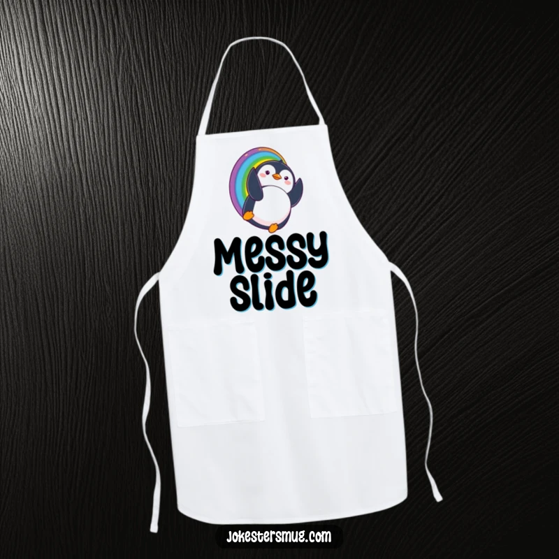 Funny apron showing a penguin sliding down a rainbow and comically landing upside down with a surprised expression, adding whimsical humor to cooking.
