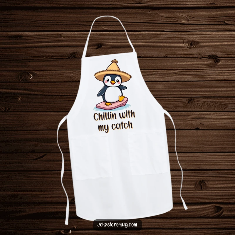 Funny apron featuring a penguin wearing a sombrero, attempting to surf on an ice floe, a comical kitchen accessory for food lovers.