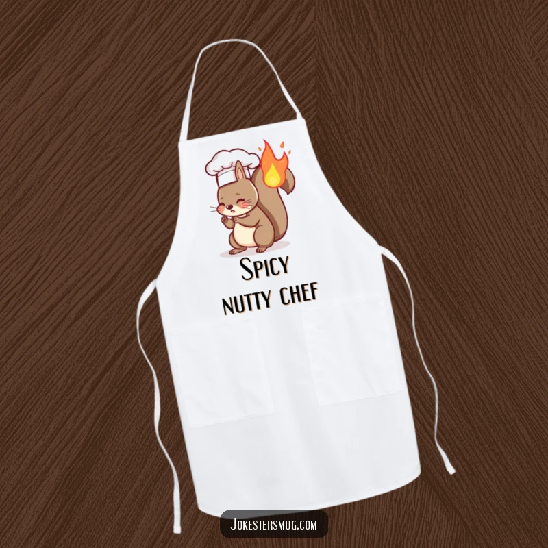 Funny apron showcasing a squirrel chef with a tiny hat whose tail is accidentally on fire, perfect for humorous cooking.