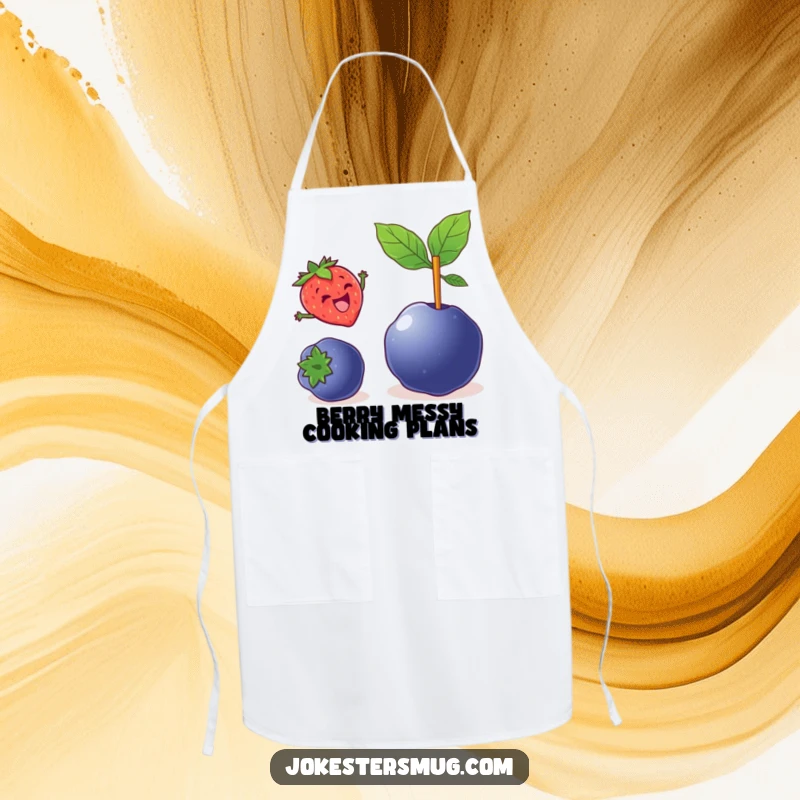 Funny apron graphic of a delighted strawberry pole vaulting over a large blueberry, ready for kitchen action.