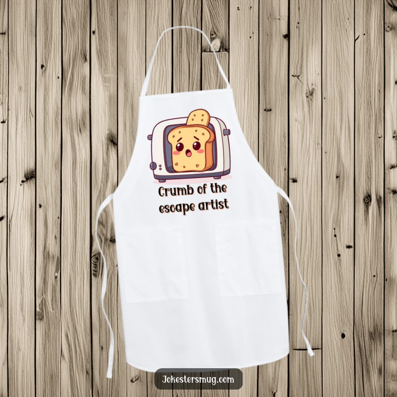 Funny loaf of bread, looking surprised, escaping a toaster, a humorous and practical kitchen apron.