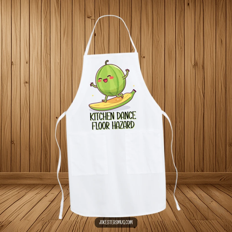 Funny giggling watermelon character attempting to moonwalk on a banana peel, graphic on a cooking apron.