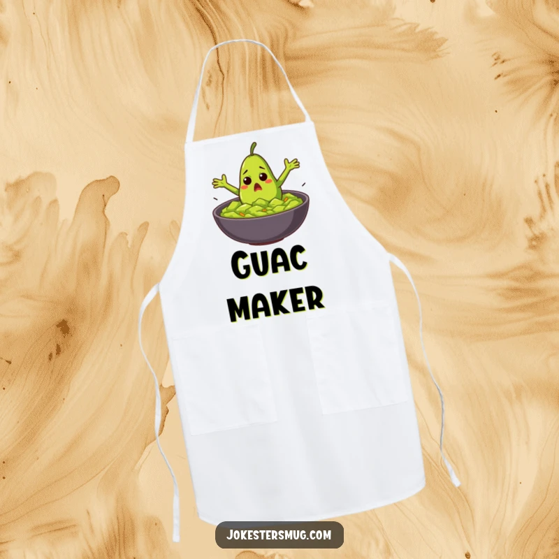 Funny startled avocado with flailing arms diving into guacamole on an apron, perfect for a foodie chef.