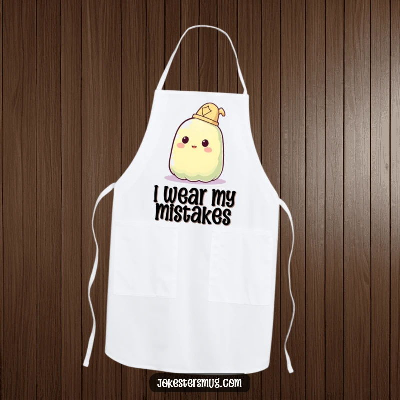 Funny apron depicting a jelly blob comically failing to wear a hat, the hat phasing through.