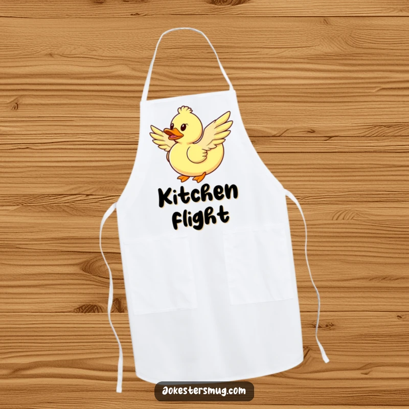 Funny rubber duck flying apron, with feathered wings, humorous kitchen wear, an ideal funny gift.