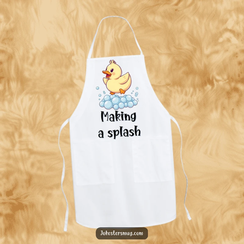 Funny apron showcasing a rubber ducky in mid-air, leaping over a pile of bubbles, a humorous and practical kitchen accessory.