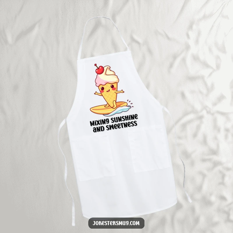 Funny ice cream cone wearing a crown surfs a banana surfboard on an apron, bringing tropical fun to the kitchen.