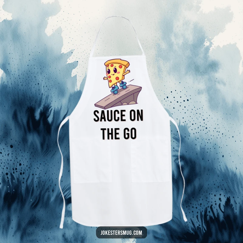 Funny pizza slice on roller skates, speeding off a ramp, showcased on a kitchen apron for a humorous cooking experience.