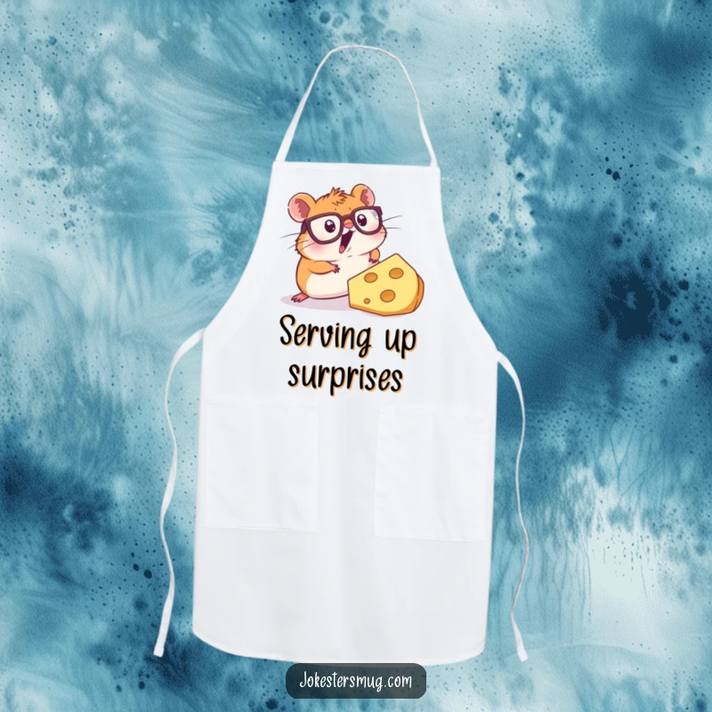 Funny apron with a surprised hamster wearing glasses tripping over a gigantic piece of cheese, ideal for kitchen antics.