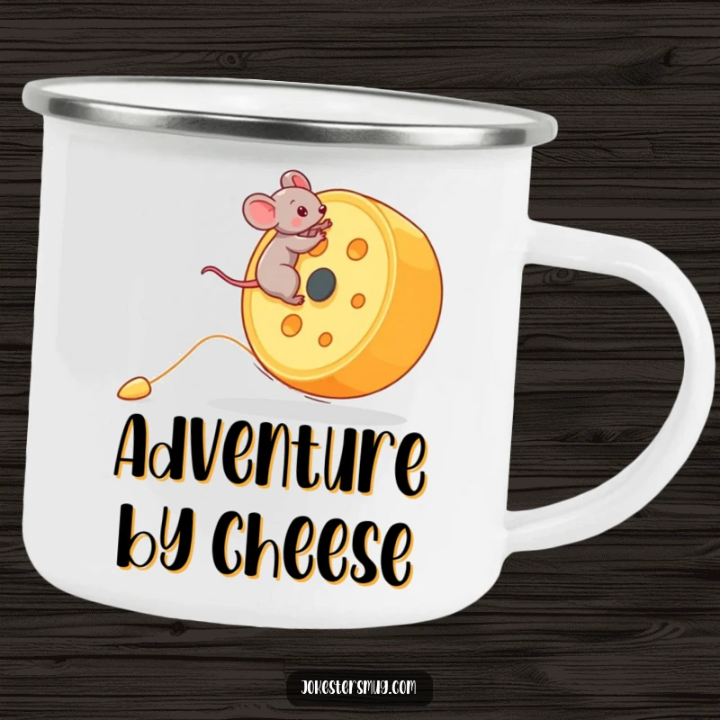 Funny Mouse Camping Mug: A tiny mouse rides a giant rolling cheese wheel downhill. Rugged funny gift for outdoor enthusiasts.