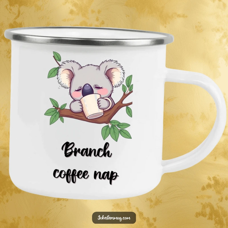 Funny Sleeping Koala Camping Mug: A koala naps with a coffee mug on its nose, great for outdoor relaxation.