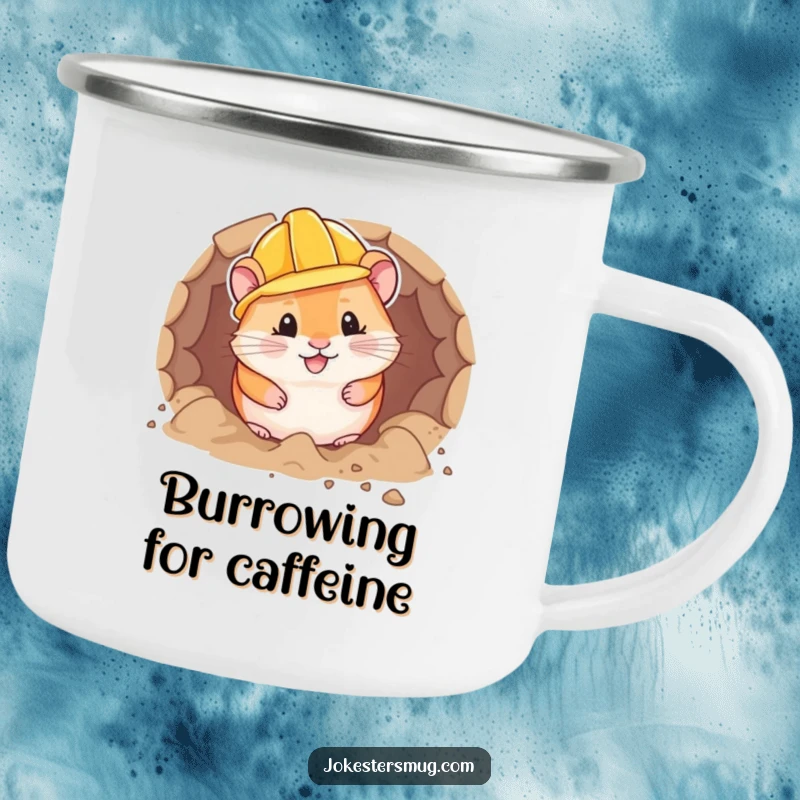 Funny hamster wearing a hard hat digs a tunnel on a camping mug, bringing determined humor to the outdoors.
