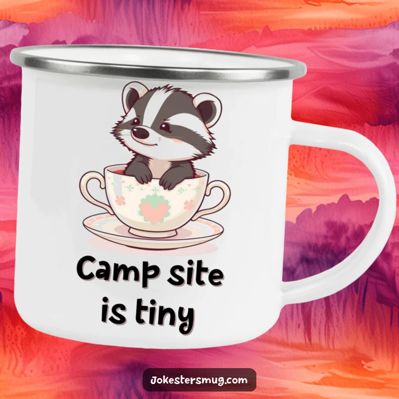 Funny bewildered badger peeking out of a tiny teacup, designed for a humorous and durable camping mug.