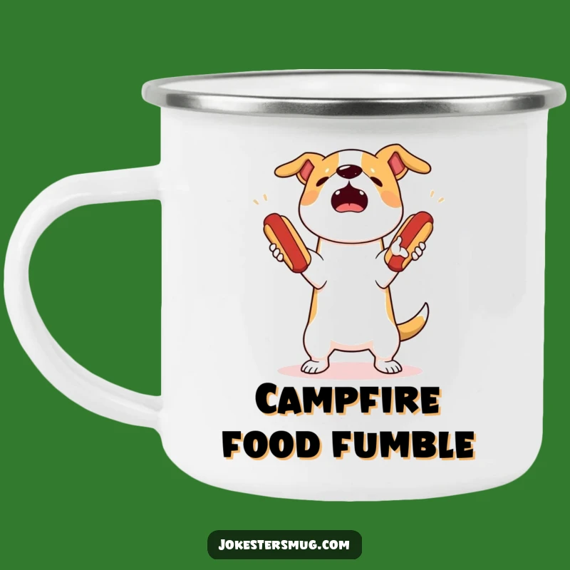 Funny Dog Juggling Camping Mug: Adventure with Hot Dog Humor