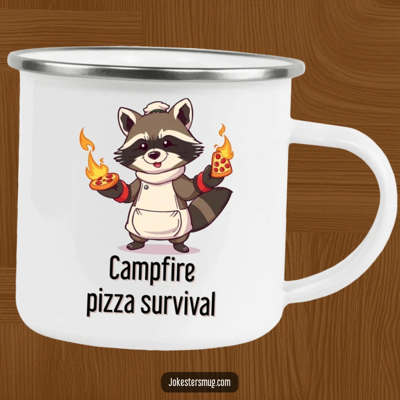 Funny Raccoon Pizza Camping Mug: Raccoon character in oven mitts, juggling flaming pizzas, for daring outdoor meals.