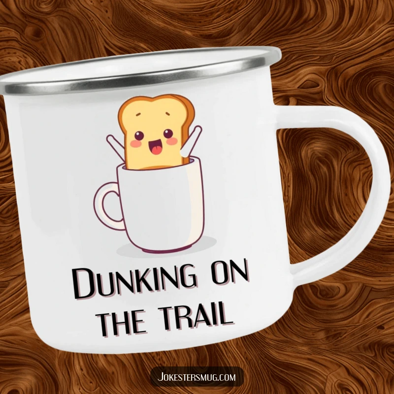 Funny enamel camping mug showing a piece of toast humorously jumping from a toaster into a mug, ready for adventure.