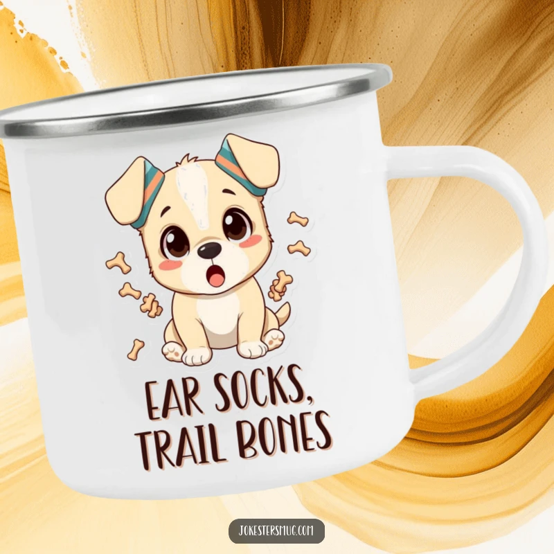 Funny enamel camping mug with a surprised puppy wearing socks on ears, juggling bones, outdoor gift.