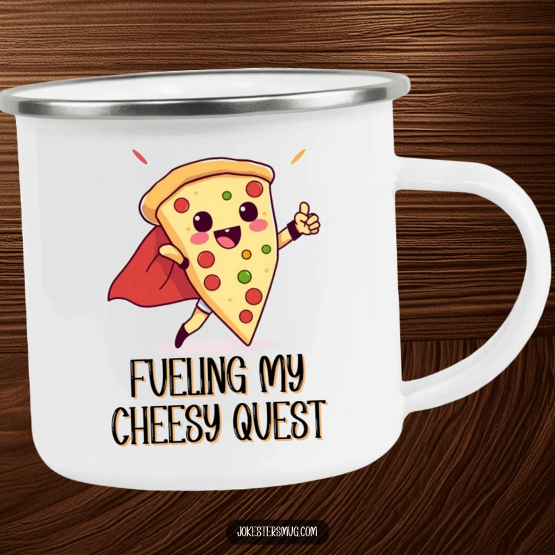 Funny camping mug showing a triumphant pizza slice in a cape posing heroically, a humorous and durable outdoor choice.