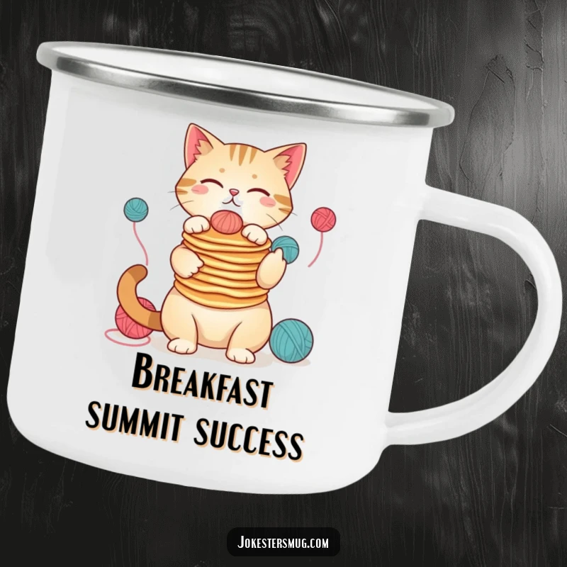 Funny cat camping mug, balancing pancakes and yarn, humorous outdoor gear, durable and funny, a top funny gift.