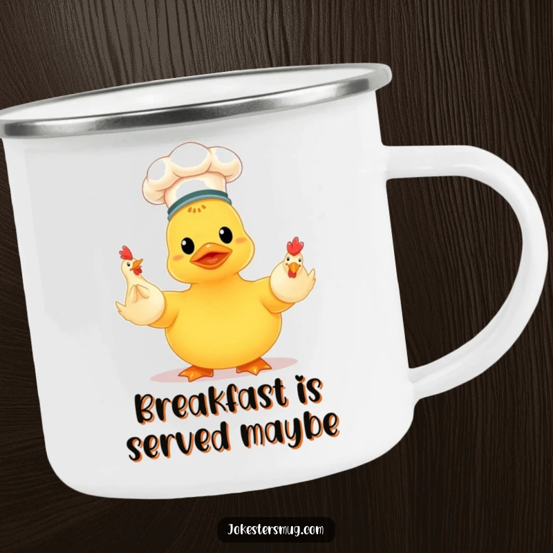 Funny chef rubber ducky wearing a hat, juggling three rubber chickens, a durable and humorous camping mug for adventures.