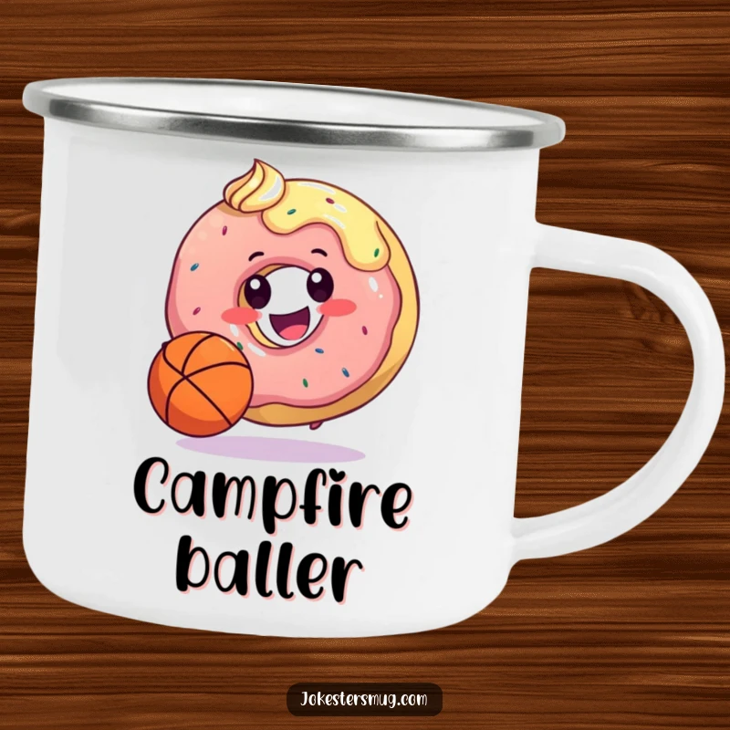 Funny camping mug with a happy donut dribbling a basketball with its frosting, perfect for outdoor enjoyment and humorous hydration.