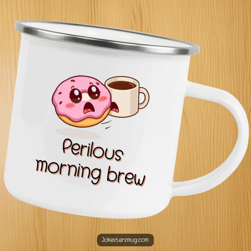 Funny surprised donut is chased by a coffee mug on a camping mug, bringing outdoor breakfast fun.