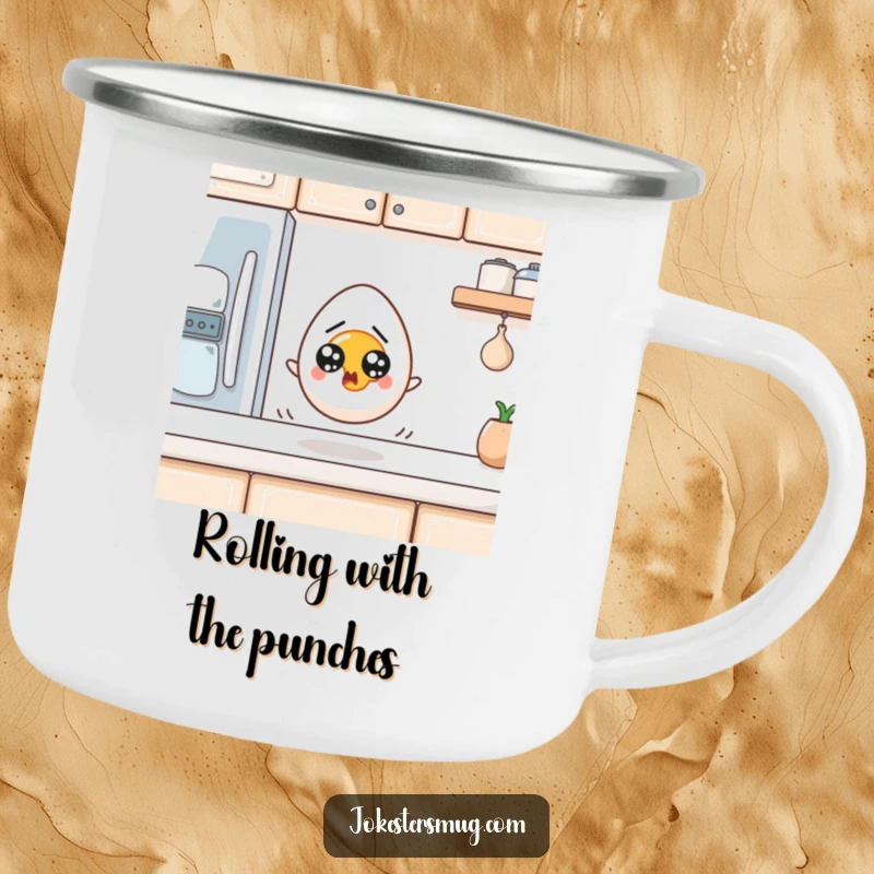 Funny Egg Camping Mug: A startled egg with wide eyes rolls off a kitchen counter. Rugged funny gift for outdoor enthusiasts.