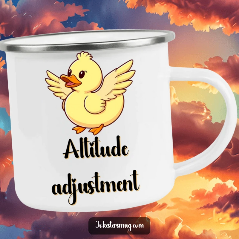 Funny rubber duck flying camping mug, with feathered wings, humorous and durable outdoor gear, a top funny gift.