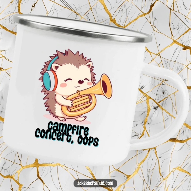 Funny hedgehog tuba camping mug depicting a confused hedgehog playing a tuba backwards, great for outdoor enthusiasts.
