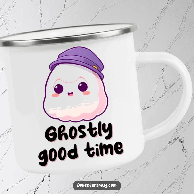 Funny camping mug with a jelly blob character failing to wear a hat as it phases through, ideal for outdoor humor.