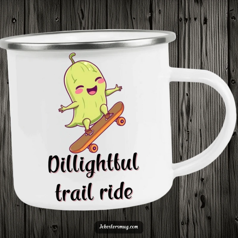 Funny camping mug showing a giggling pickle in sunglasses ollie-ing on a skateboard, a humorous and durable choice.
