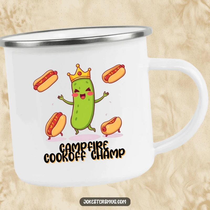 Funny pickle wearing a tiny crown enthusiastically juggling three runaway hot dogs, ready for outdoor laughs on this durable camping mug.
