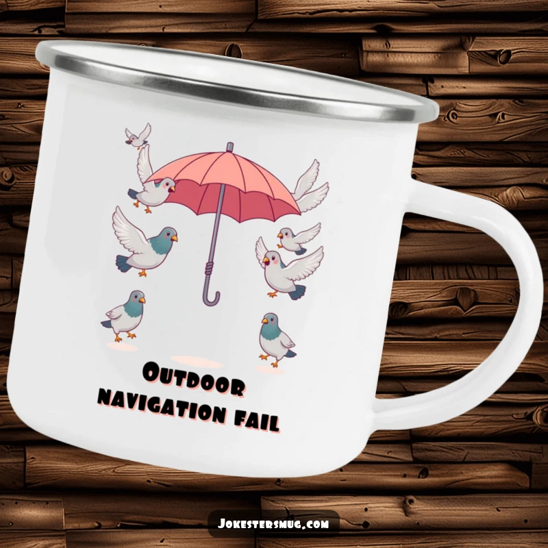 Funny surprised pigeons attempting to fly in opposite directions from a single, tiny umbrella, ready for outdoor laughs on this durable camping mug.