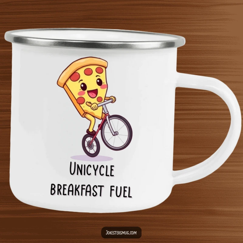 Funny enamel camping mug with a pizza slice riding a unicycle, outdoor funny gift.