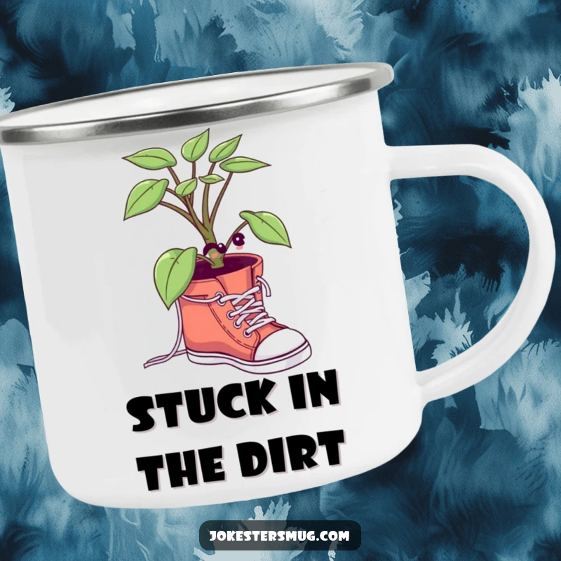 Funny Potted Plant Camping Mug: A comical plant attempts to tie its shoelaces, perfect for outdoor use and as a funny gift.