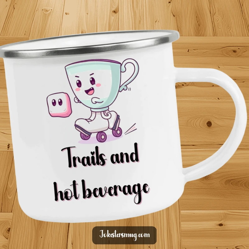 Funny teacup wearing roller skates, speeding past a startled sugar cube, a durable and humorous camping mug for adventures.