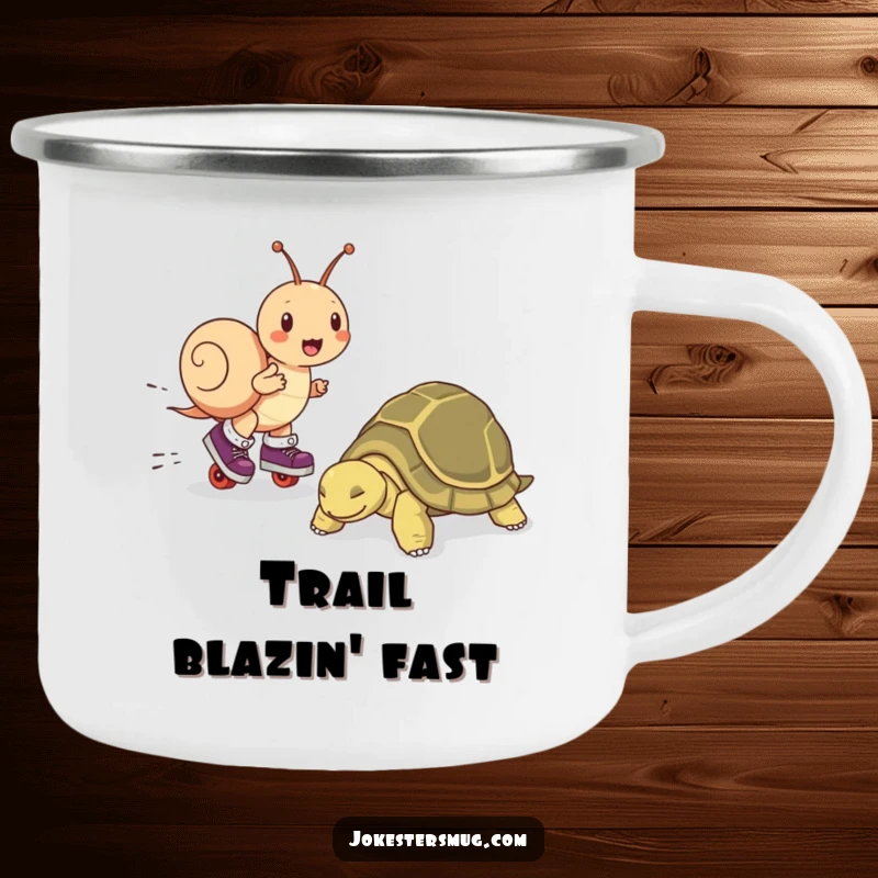 Funny camping mug featuring a snail on roller skates zooming past a napping tortoise, ideal for outdoor adventures and humor.
